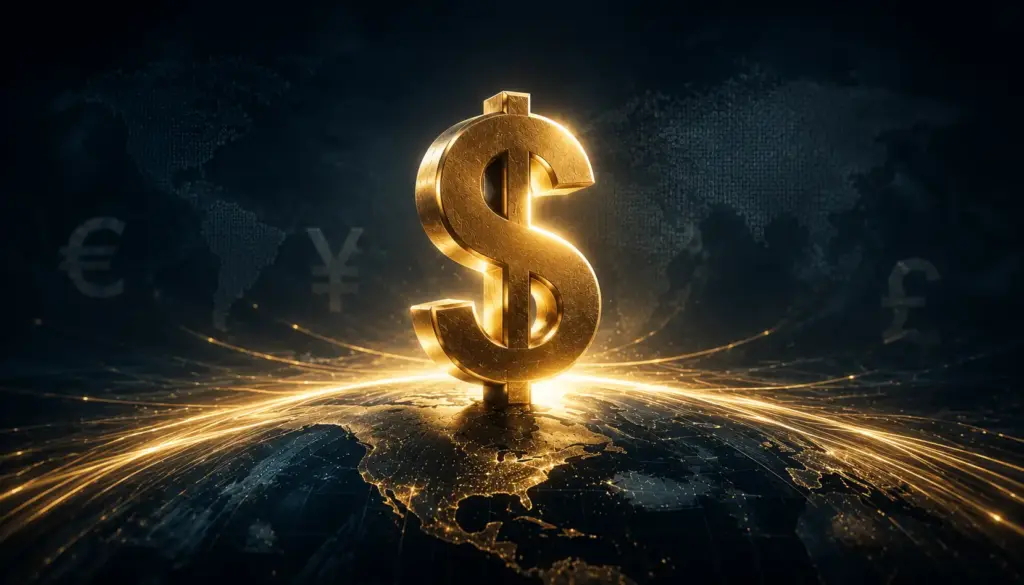 Conceptual image of US dollar strength with global financial background and minimal currency elements