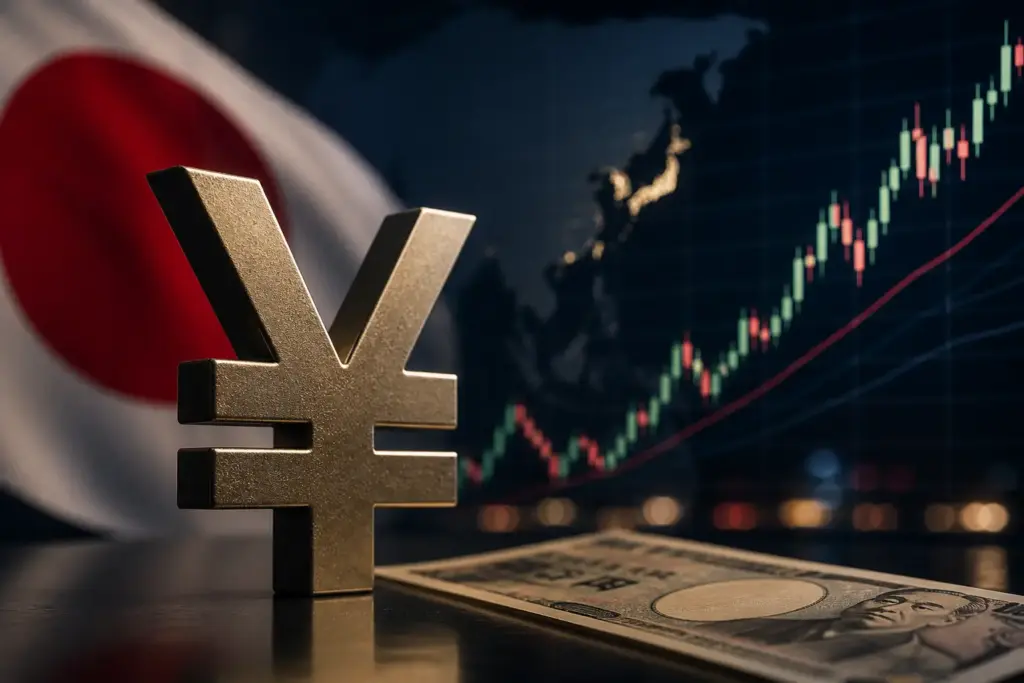 Japanese yen symbol with rising USDJPY chart and Japanese flag in the background representing currency weakness and intervention risk