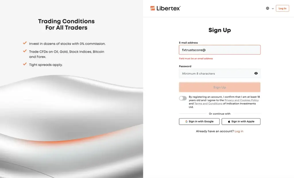 Libertex registration screen