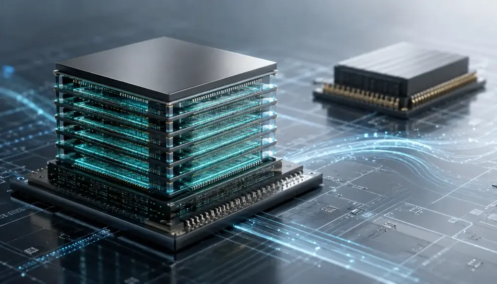 Abstract semiconductor memory chip concept representing SK Hynix, Samsung and rising demand for AI memory technology