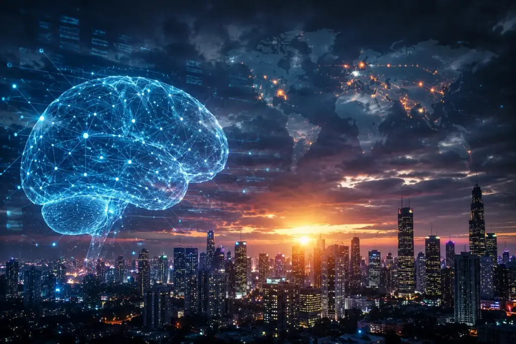 Artificial intelligence network overlooking a global city skyline, symbolising continued investor optimism despite geopolitical uncertainty and market risks