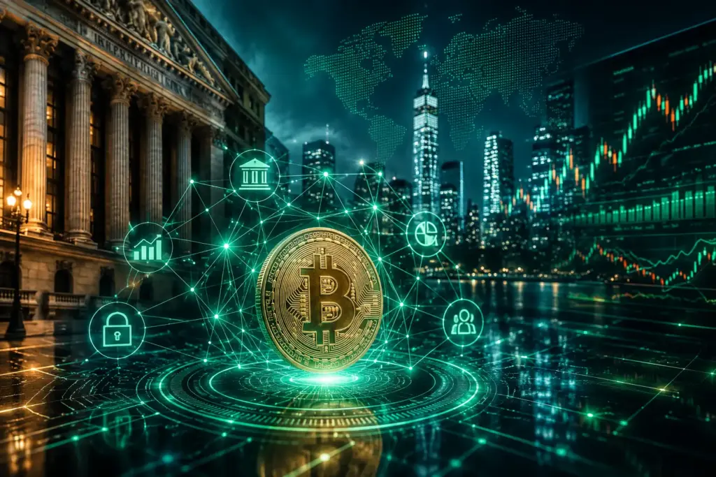 Digital asset network integrated with modern financial infrastructure, symbolising the convergence of cryptocurrency and traditional finance