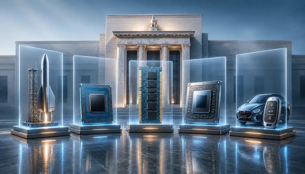 Alt Text:
Abstract financial watchlist scene showing AI chips, technology stocks and consumer shares being monitored before the Federal Reserve decision