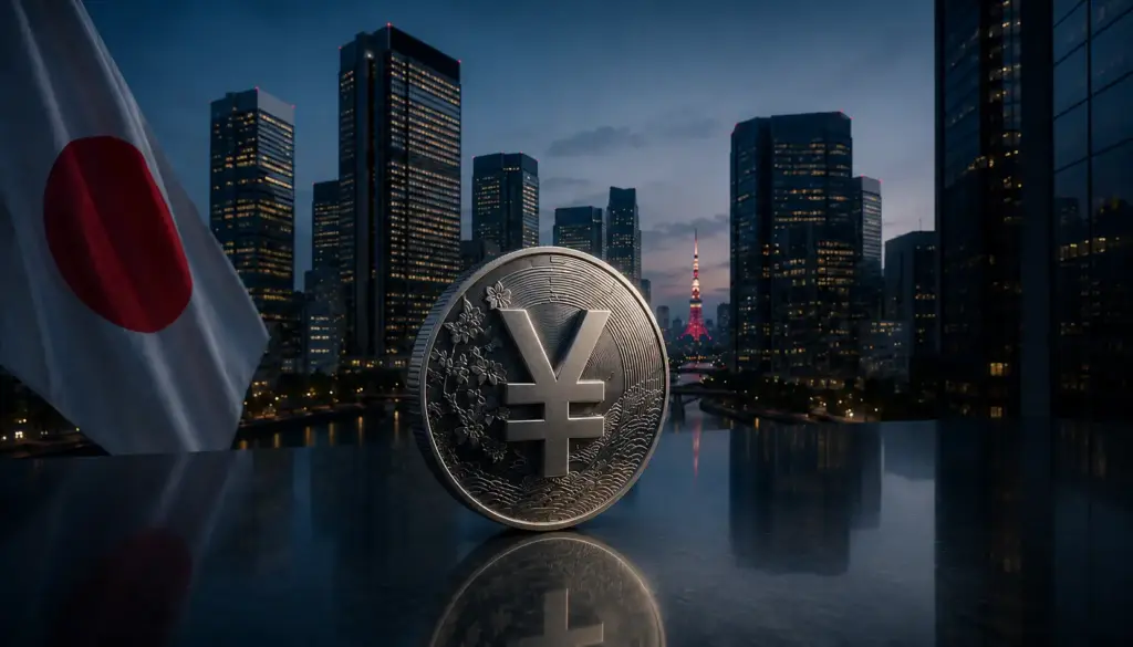 Japanese yen and Tokyo financial district concept representing the Bank of Japan rate hike and market reaction from currency traders
