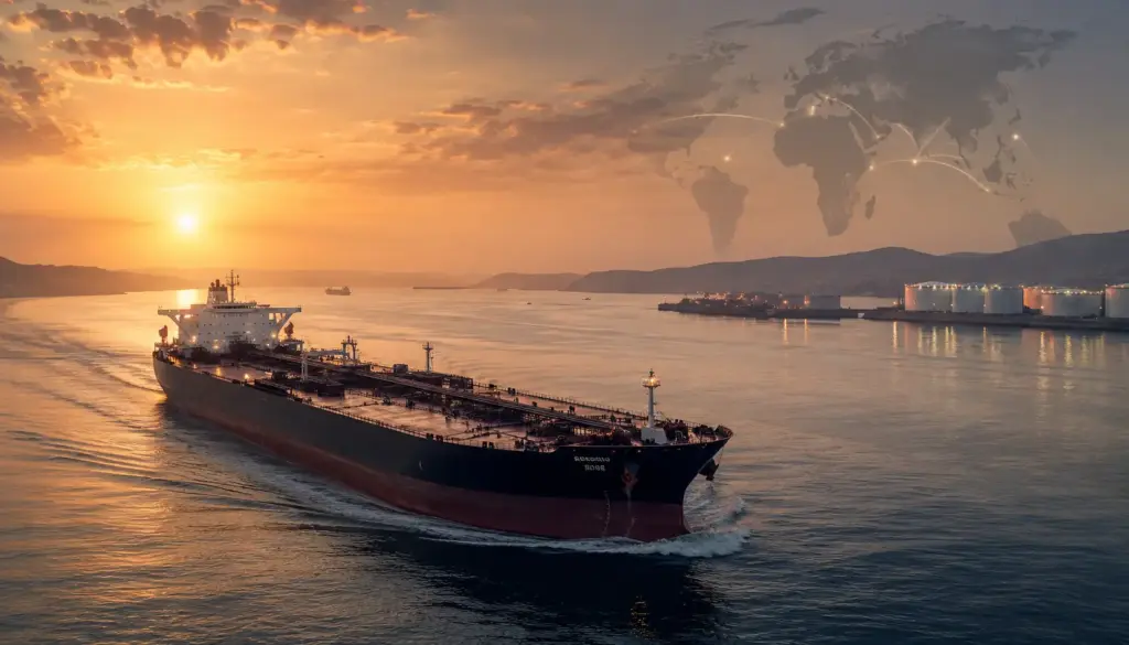 Oil tanker and global energy route at sunset symbolising the impact of the US-Iran peace deal on oil prices and inflation expectations