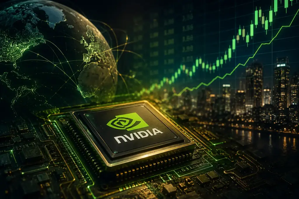 Advanced semiconductor technology powering global digital infrastructure, symbolising Nvidia's growing influence on financial markets and artificial intelligence investment