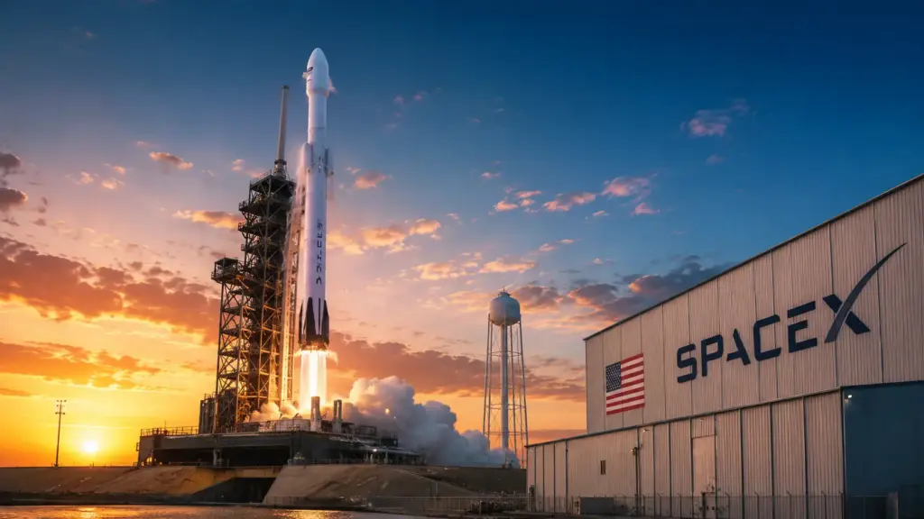 Futuristic space launch infrastructure symbolising investor enthusiasm surrounding the highly anticipated SpaceX IPO and innovation-led growth investing