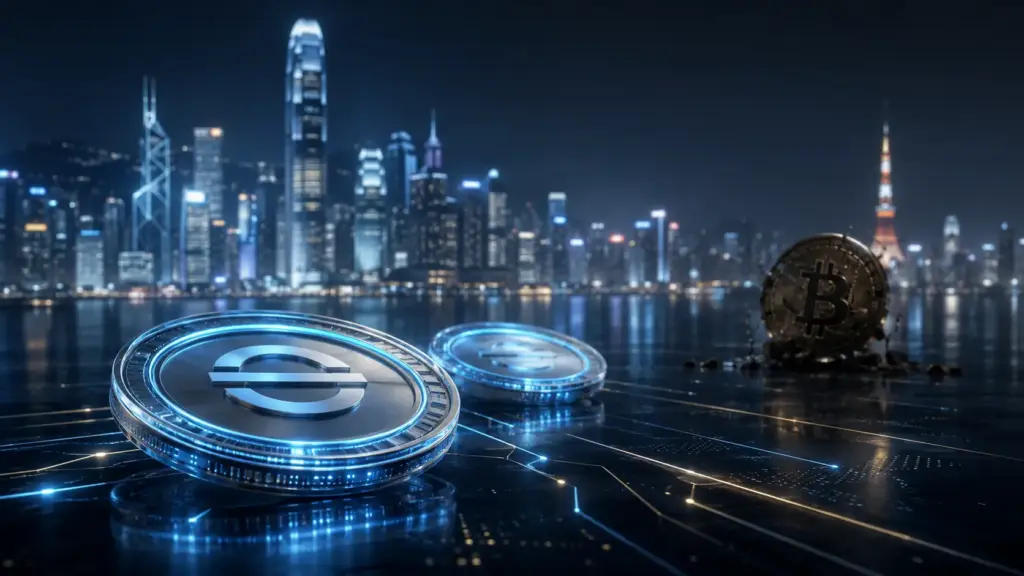 Abstract digital finance image representing stablecoins gaining ground in Asia while Bitcoin remains under pressure