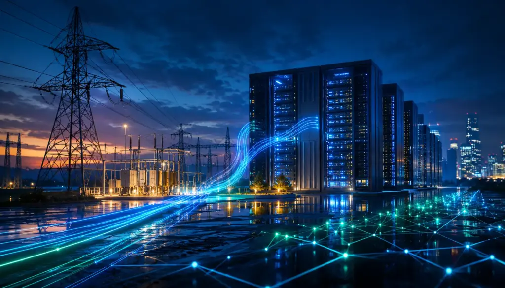 Clean editorial image of data centre infrastructure and power-grid lines representing AI infrastructure pressure