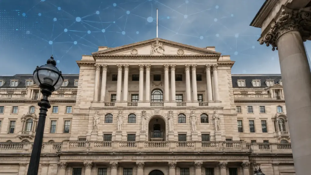 Editorial financial image representing AI market risk, volatility and Bank of England financial stability concerns