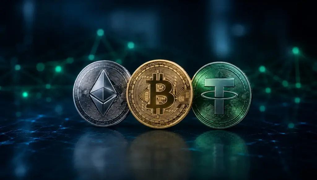 Clean financial news image representing Bitcoin, ether and stablecoin market activity without text overlay