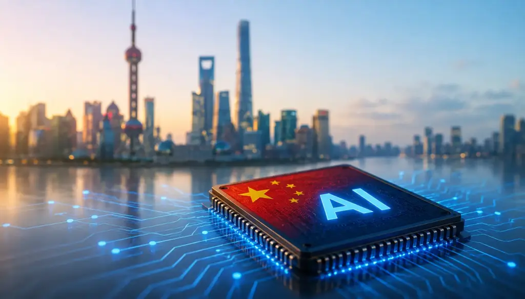Subtle blue AI network overlay above a financial district representing China AI policy risk and tech stock pressure