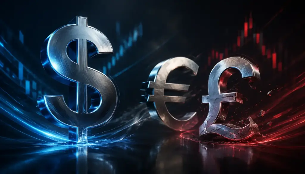Abstract forex market image representing the US dollar rising while the euro and pound struggle with rate and political risk