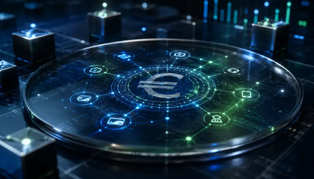 Abstract euro payment network representing the ECB digital euro pilot and European financial infrastructure