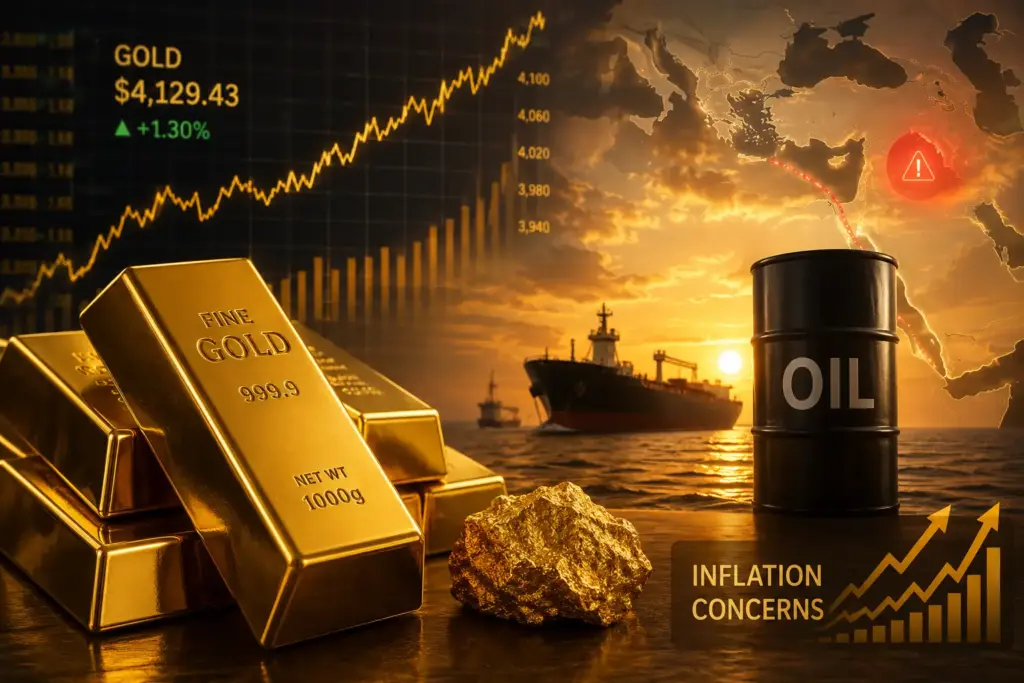 Gold bars and oil-market imagery for an article on gold hitting a two-week high after an oil rally revived inflation fears