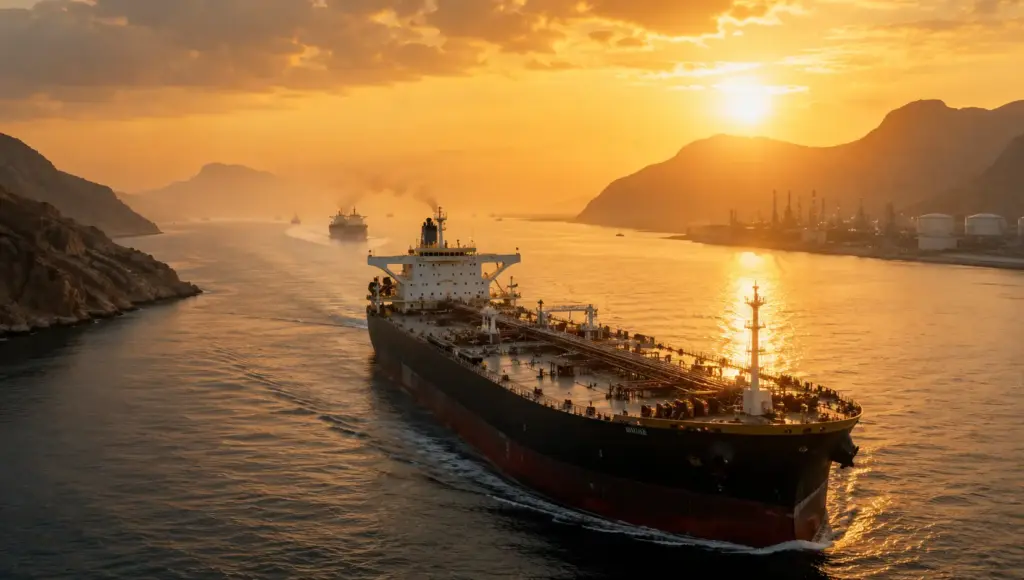 Oil tanker in a muted Gulf shipping lane representing Strait of Hormuz supply risk and crude price volatility