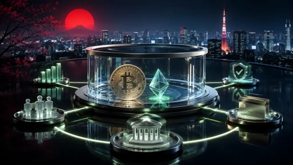 Abstract financial news image representing Japan crypto reform, digital assets, lower tax and future crypto ETF access