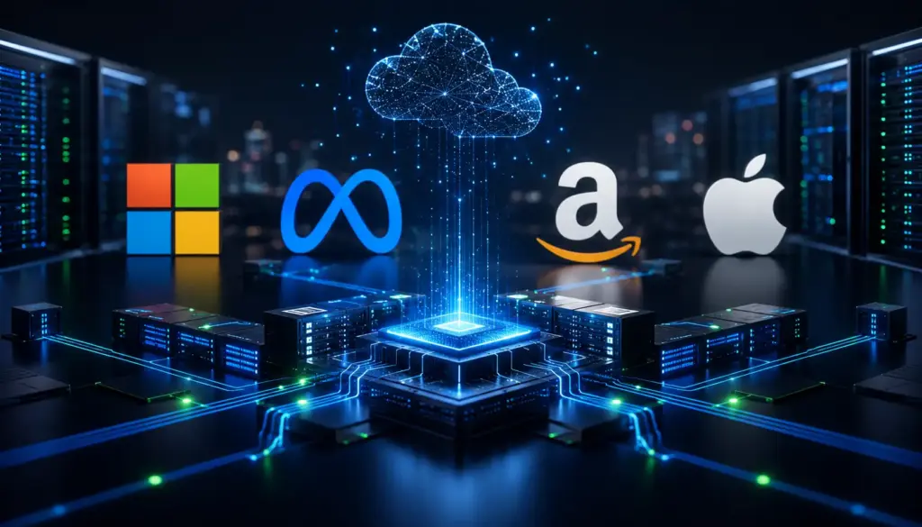 Abstract technology and market image representing Microsoft, Meta, Amazon and Apple earnings as AI spending comes under scrutiny