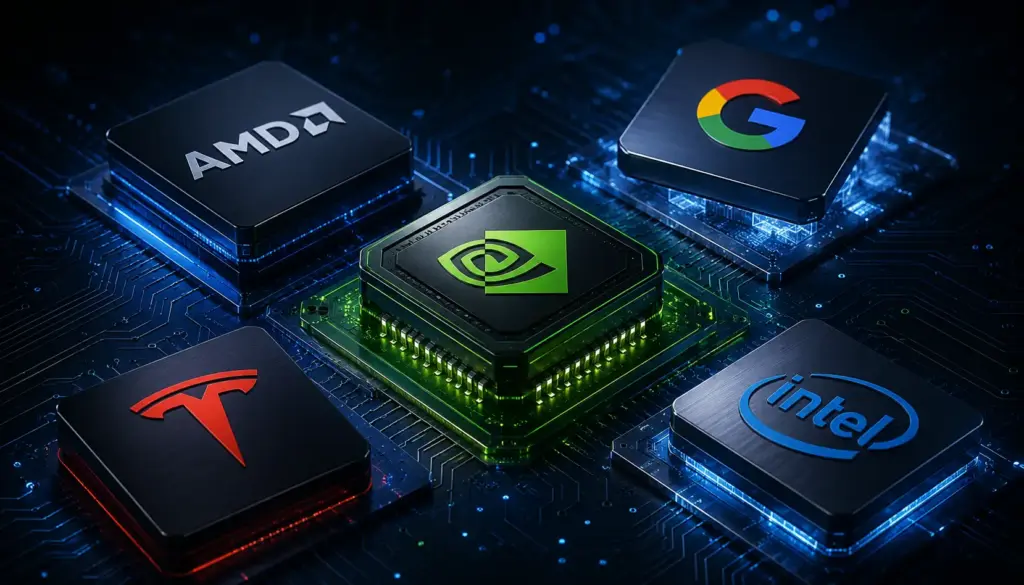 Semiconductor and trading-screen concept for an article on Nvidia and AMD rebounding before Alphabet, Tesla and Intel results