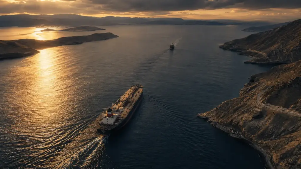 Oil tanker in a muted Gulf shipping lane representing Strait of Hormuz closure risk and crude oil market volatility