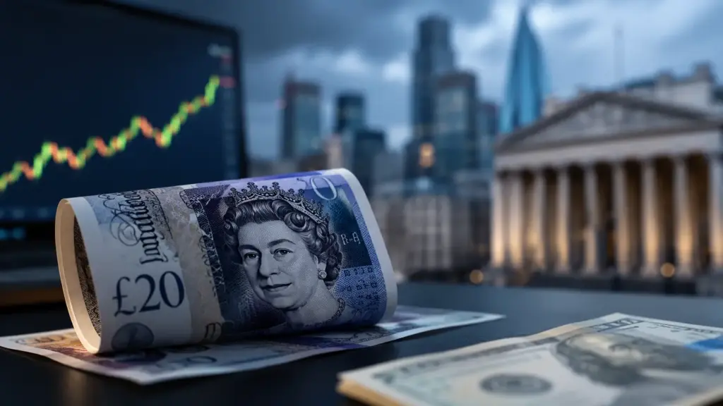 British pound banknotes on a professional financial desk representing sterling strength against a weaker US dollar