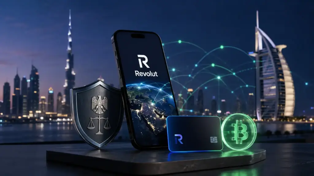 Abstract regulated crypto platform concept with Dubai-inspired financial backdrop representing Revolut UAE crypto approval