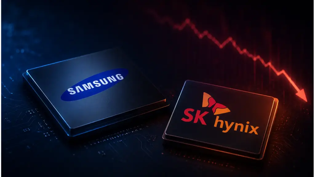 Abstract semiconductor market image representing SK Hynix and Samsung caught in South Korea’s AI stock rout