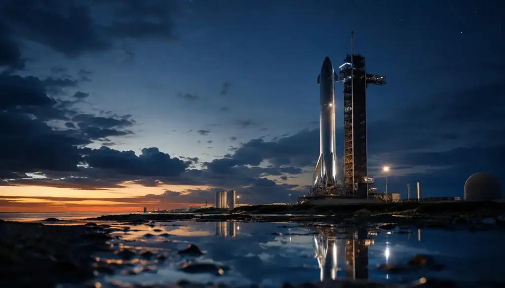 Rocket standing on a launchpad at dusk for an article on SpaceX shares falling below IPO price before Starship retry