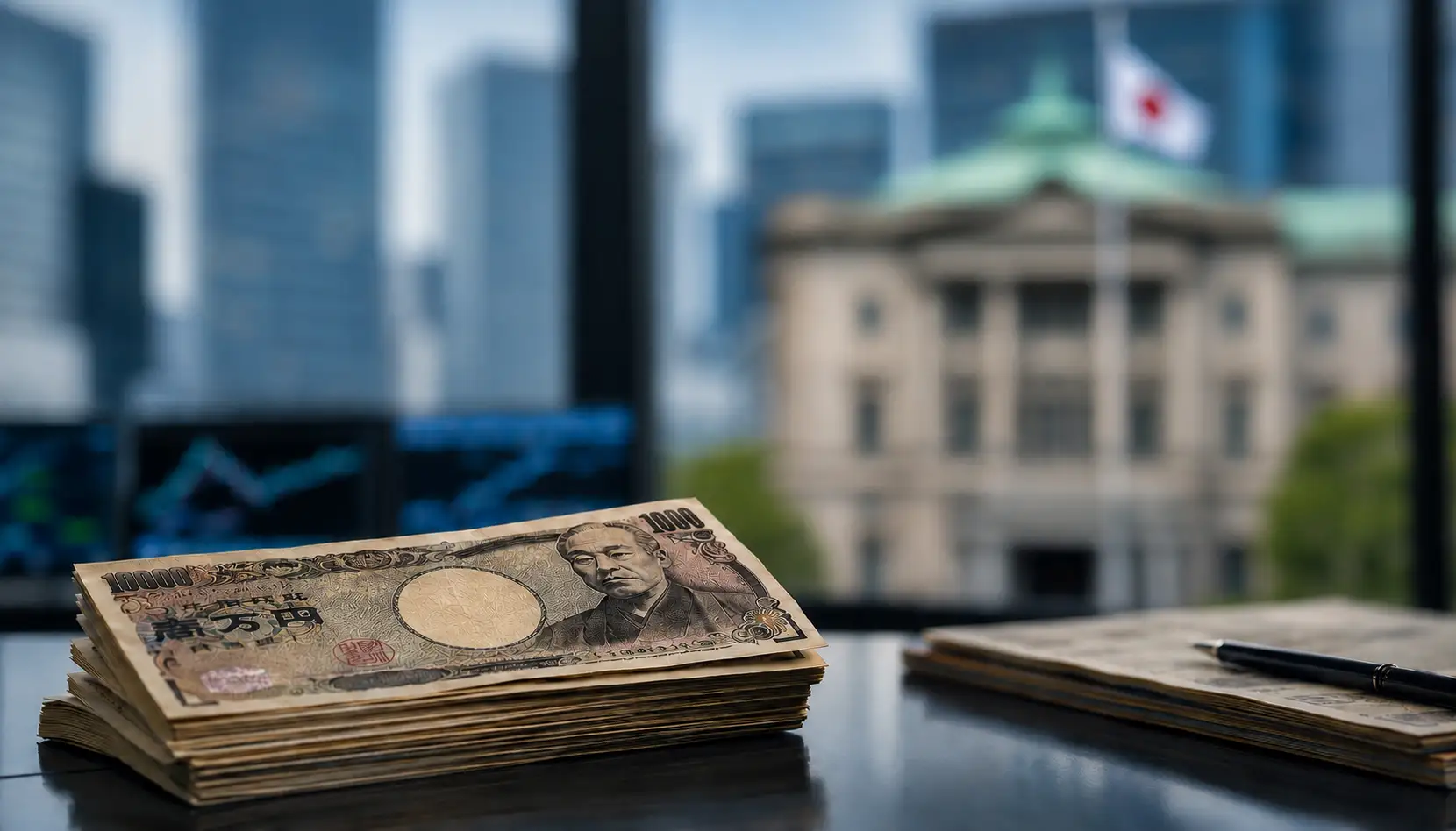 Japanese yen banknotes and a muted trading desk screen representing USD/JPY intervention risk