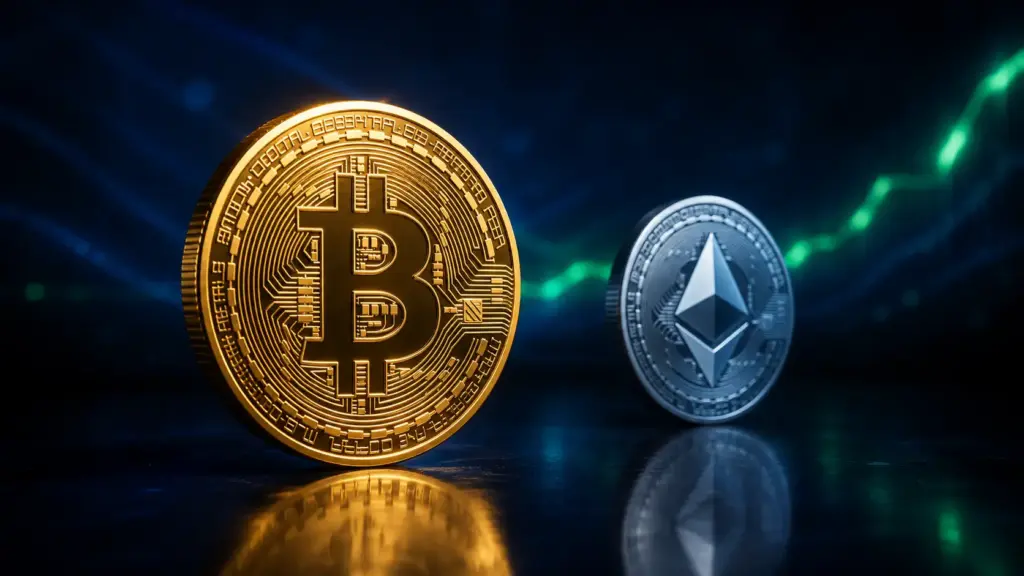 Abstract editorial image showing Bitcoin holding firm while the wider crypto market remains weak