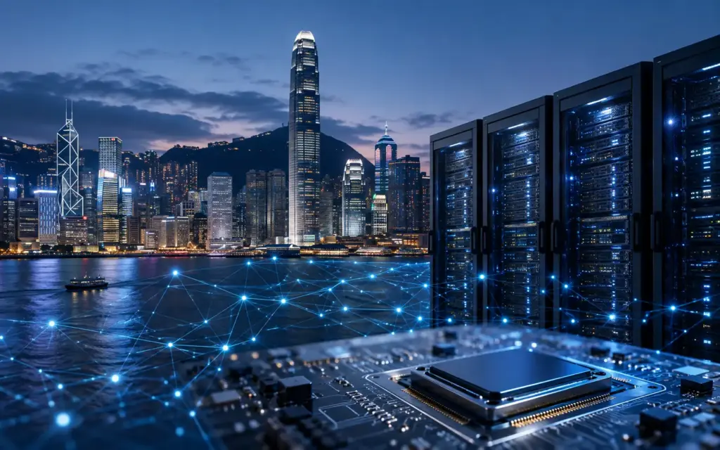 Hong Kong skyline with AI servers and semiconductor technology representing investment in Chinese artificial intelligence stocks.