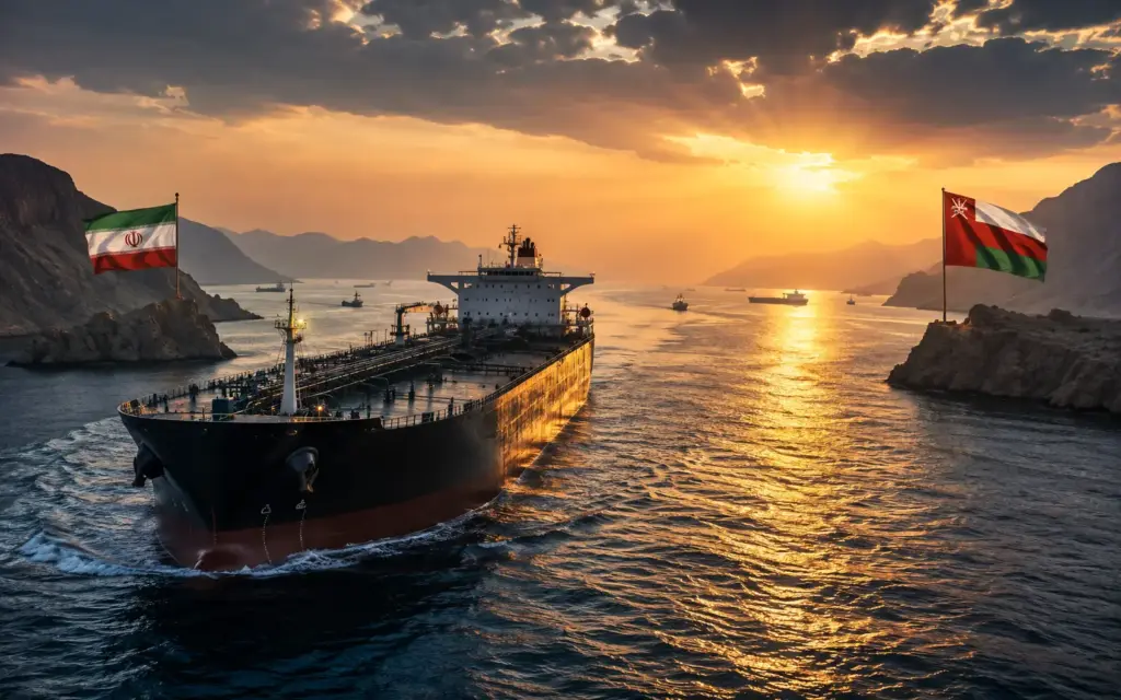 Oil tanker sailing through the Strait of Hormuz as crude prices react to shipping and geopolitical developments