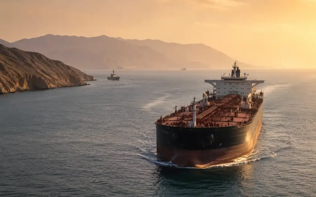 Oil tanker sailing through the Strait of Hormuz as US-Iran tensions raise concerns over crude supply and inflation.