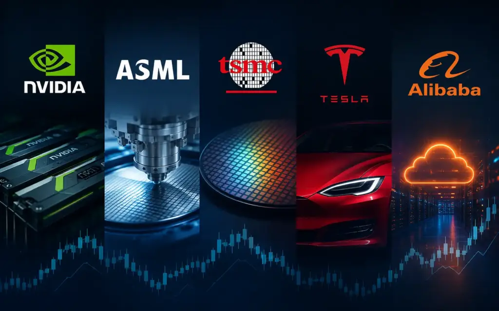 Nvidia, ASML, TSMC, Tesla and Alibaba logos representing five major stocks in focus for global traders and investors.