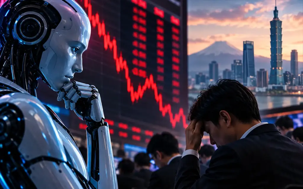 Humanoid robot beside falling market charts and Asian financial markets, representing an AI stock sell-off driven by safety concerns.