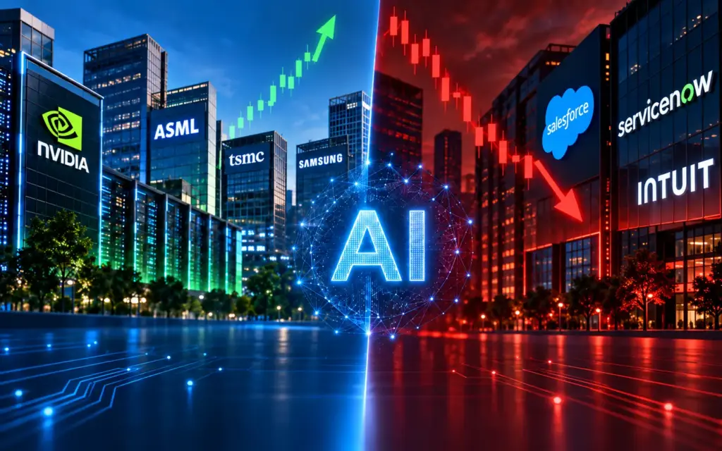 Split market graphic showing semiconductor stocks rising while software stocks fall as investors reassess the AI trade.