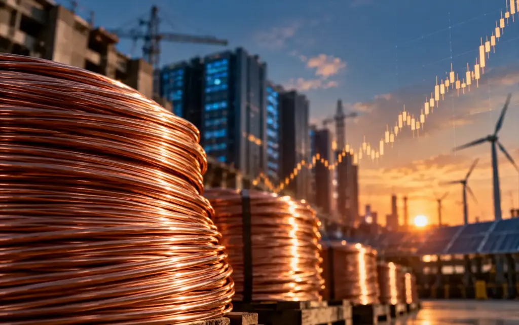 Copper cable coils with data centres, power infrastructure and a rising market chart representing record copper prices and growing AI demand.