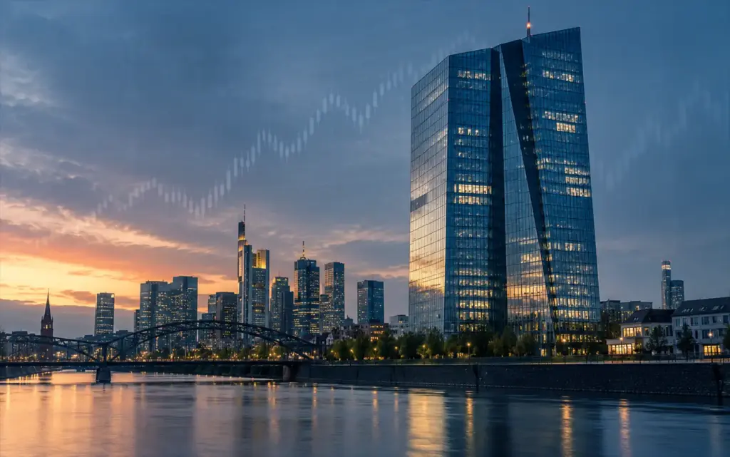 Frankfurt financial district at dusk representing the ECB, eurozone interest rates and European market expectations.