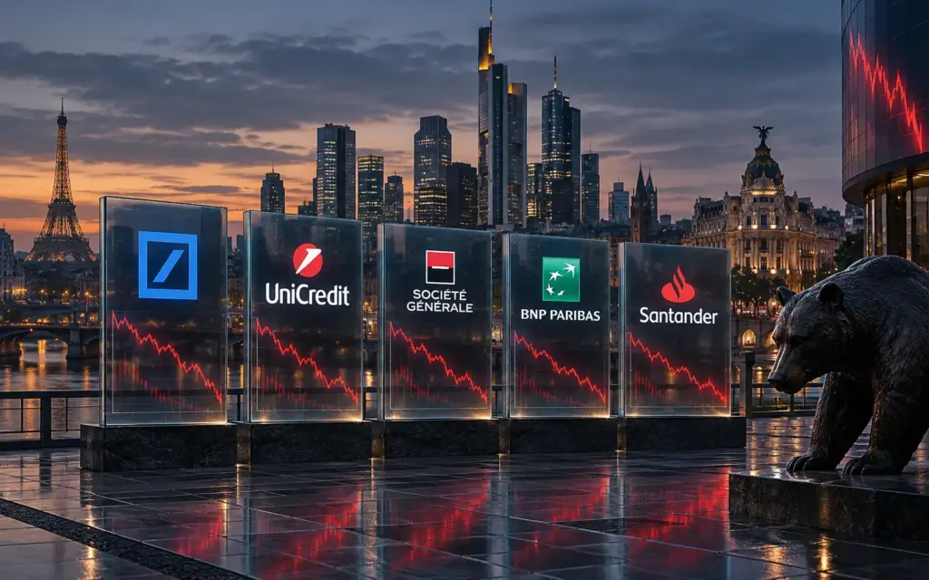Logos of Deutsche Bank, UniCredit, Société Générale, BNP Paribas and Santander with falling market charts representing pressure on European bank stocks.