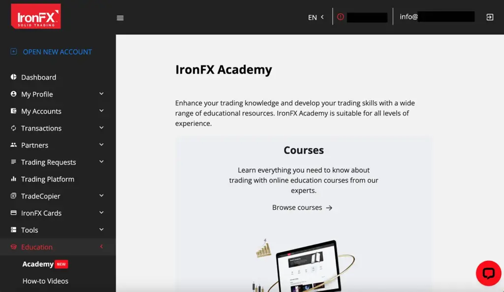 IronFX Academy education section inside the client portal showing online trading courses