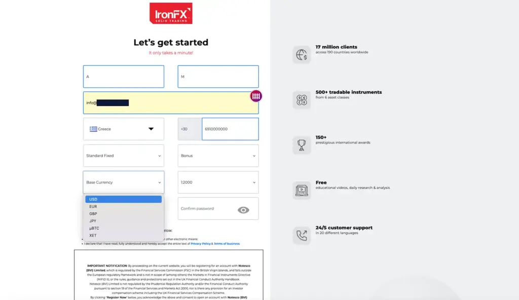 IronFX account registration screen showing country, account type, base currency, leverage and regulatory disclosure options