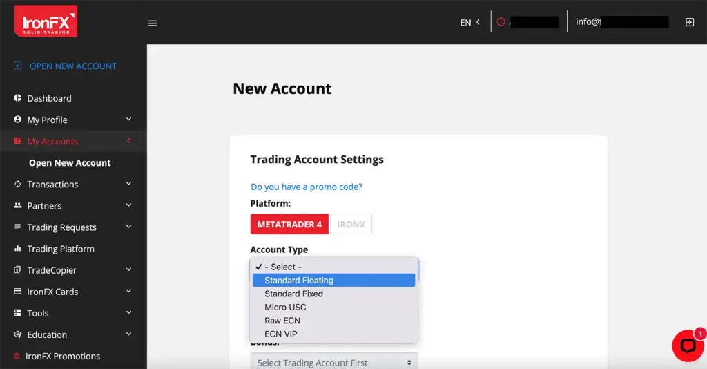 IronFX client portal showing Standard Floating, Standard Fixed, Micro USC, Raw ECN and ECN VIP account types