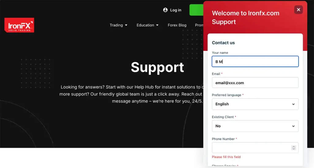IronFX customer support page with contact form and 24/5 assistance information