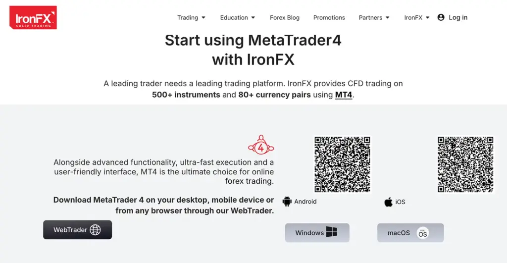 IronFX MetaTrader 4 platform options for Windows, macOS, Android, iOS and WebTrader